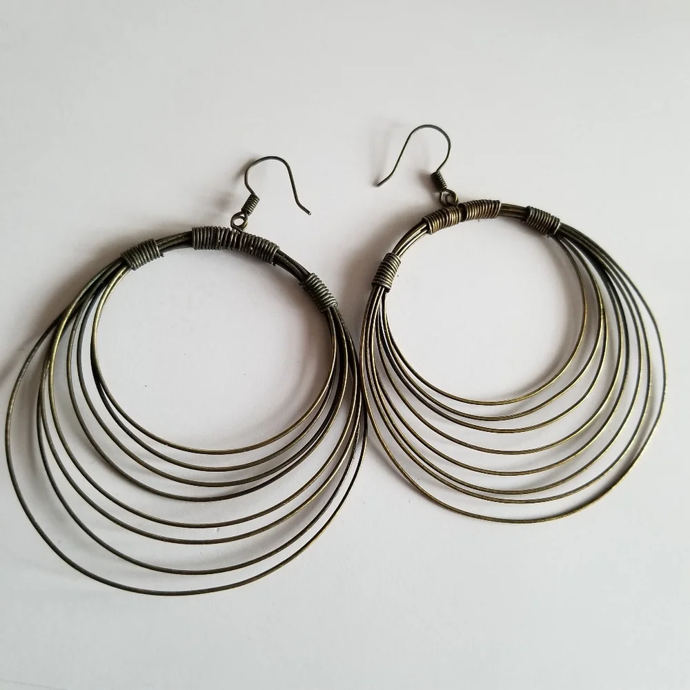 Earrings Big boho hoop earrings dangly concentric circles dark gold tone metal
